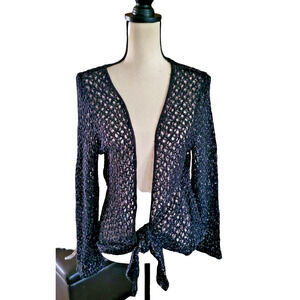 Classic Elements Woman Black Open Weave W/Silver Thread Tie Front Sweater 1X
